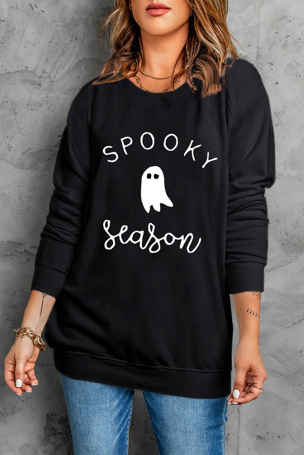 Blue Zone Planet | Round Neck Long Sleeve SPOOKY SEASON Graphic Sweatshirt BLUE ZONE PLANET