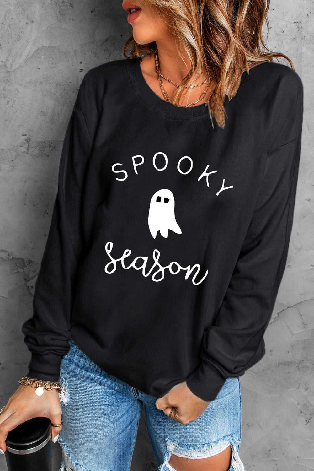 Blue Zone Planet | Round Neck Long Sleeve SPOOKY SEASON Graphic Sweatshirt BLUE ZONE PLANET