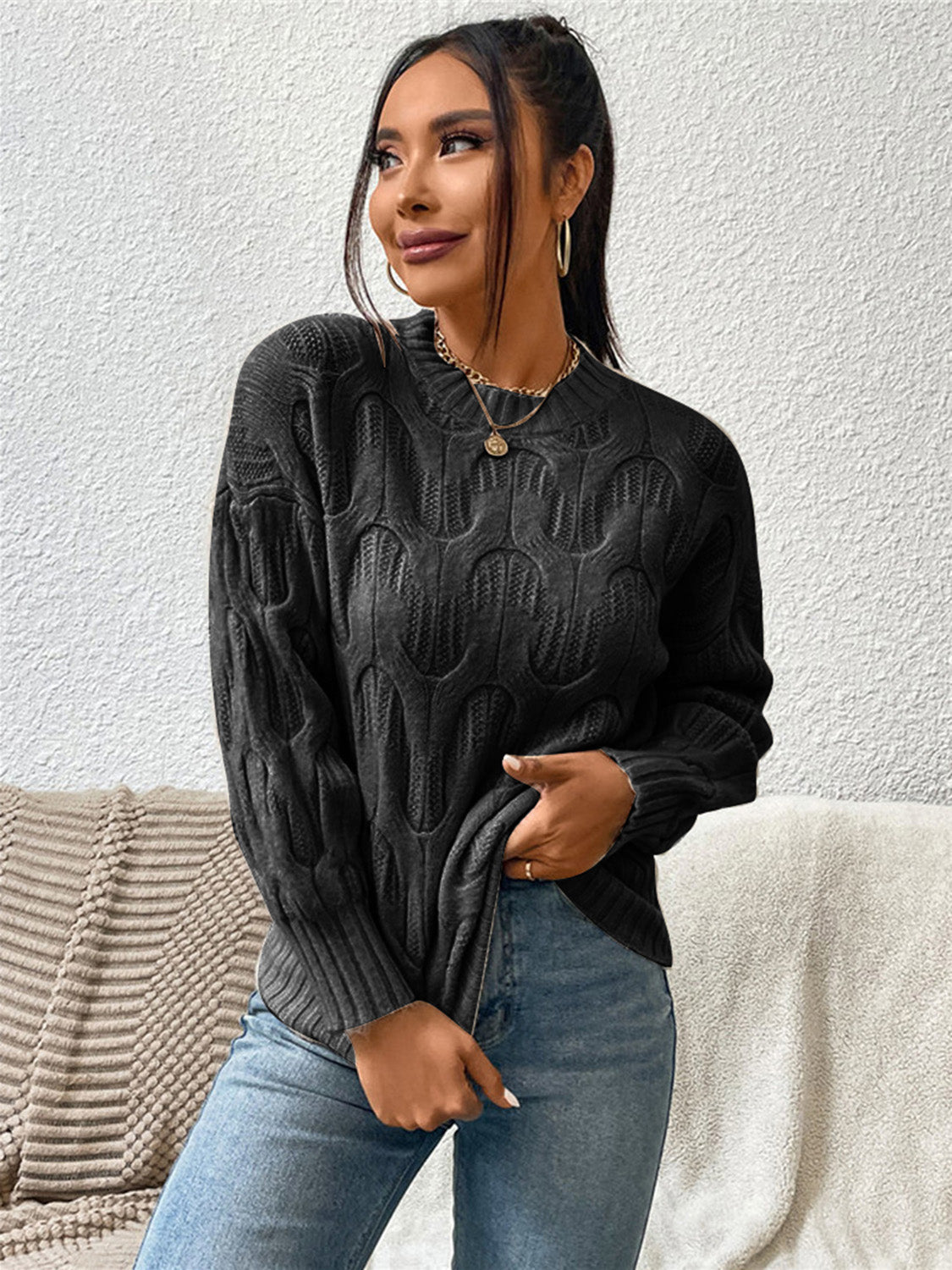Round Neck Long Sleeve Sweater BLUE ZONE PLANET