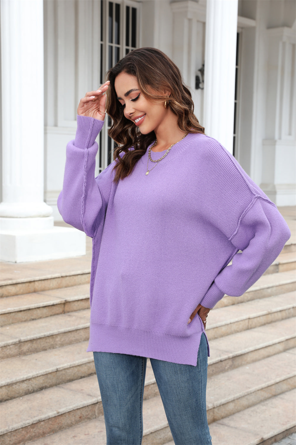 Round Neck Long Sleeve Sweater BLUE ZONE PLANET