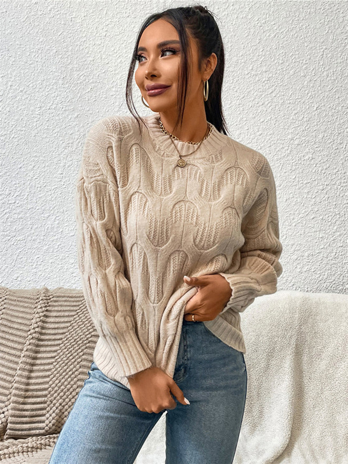 Round Neck Long Sleeve Sweater BLUE ZONE PLANET