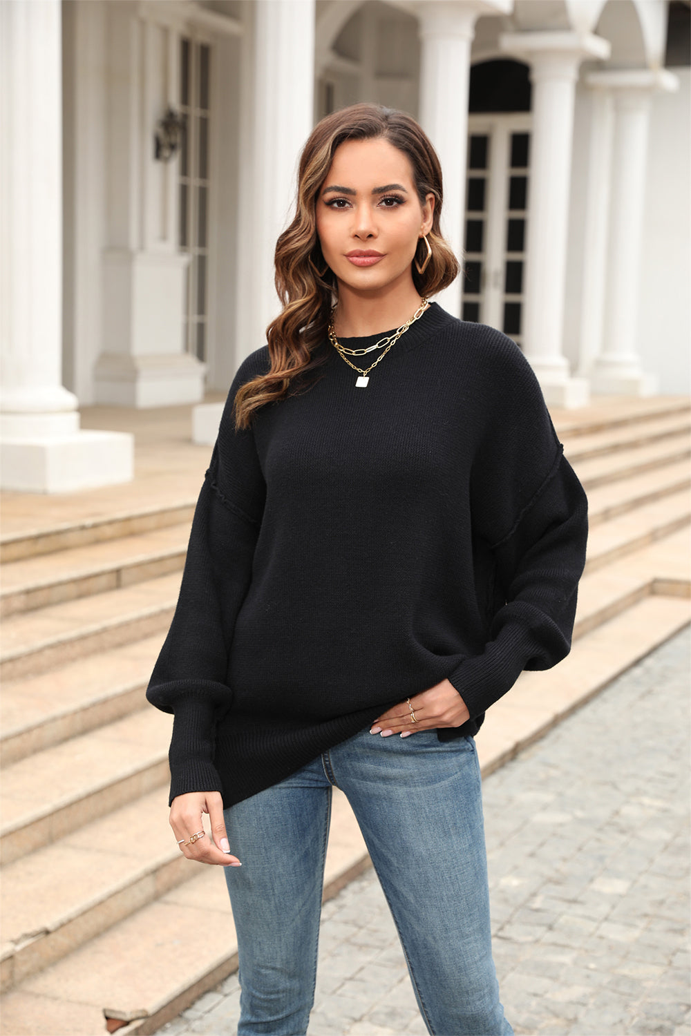 Round Neck Long Sleeve Sweater BLUE ZONE PLANET