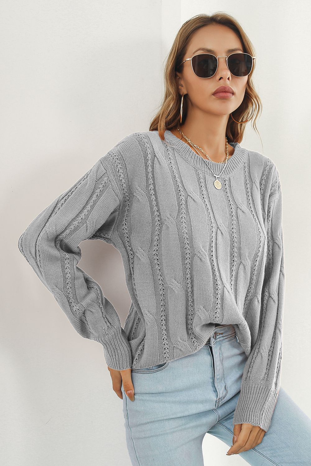 Round Neck Long Sleeve Sweater BLUE ZONE PLANET