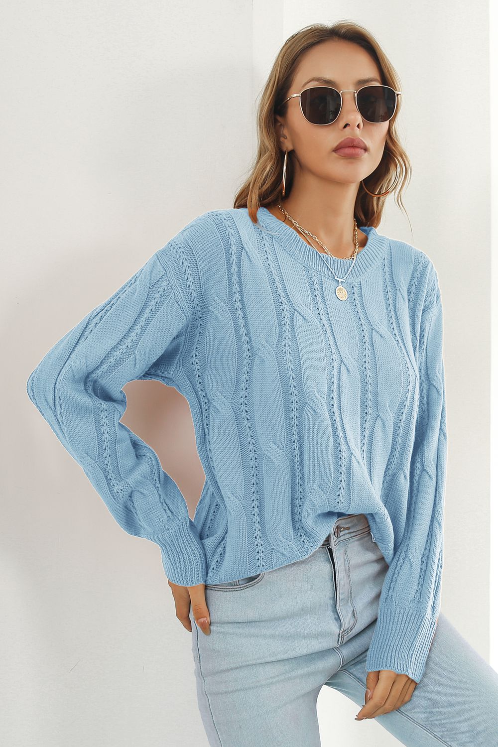 Round Neck Long Sleeve Sweater BLUE ZONE PLANET