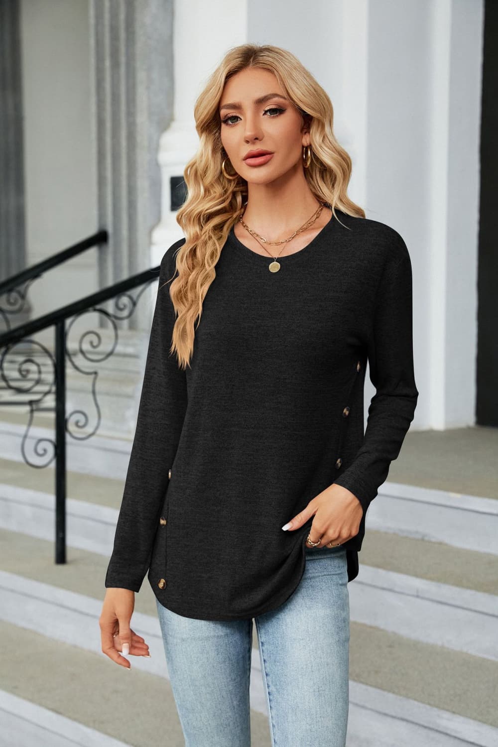 Round Neck Long Sleeve T-Shirt BLUE ZONE PLANET