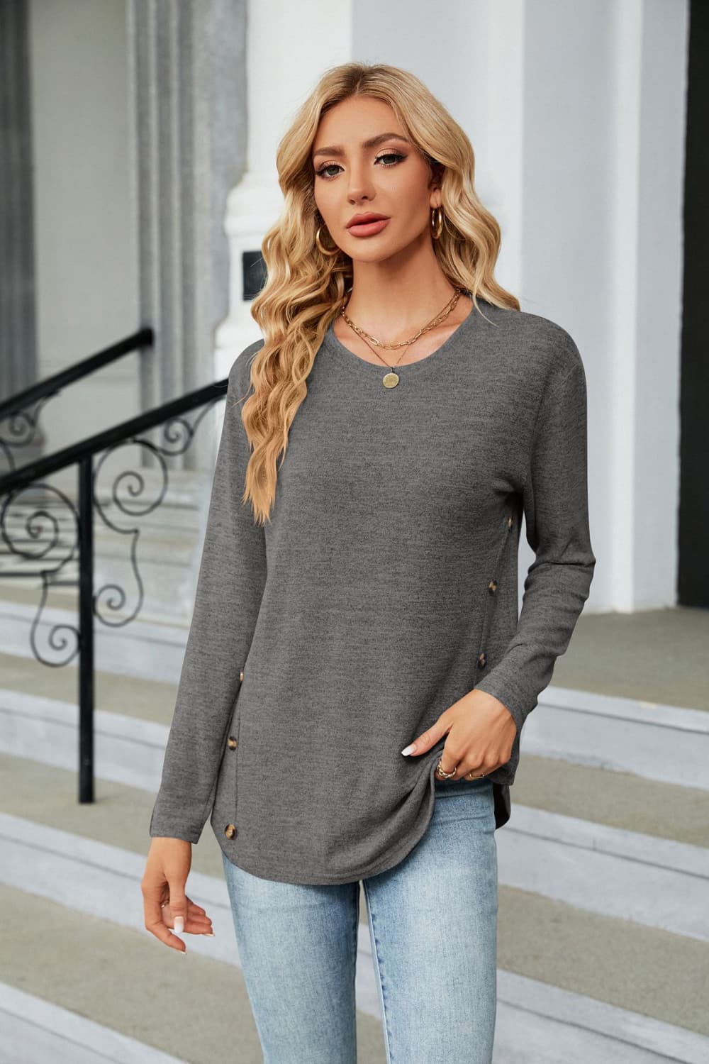 Round Neck Long Sleeve T-Shirt BLUE ZONE PLANET