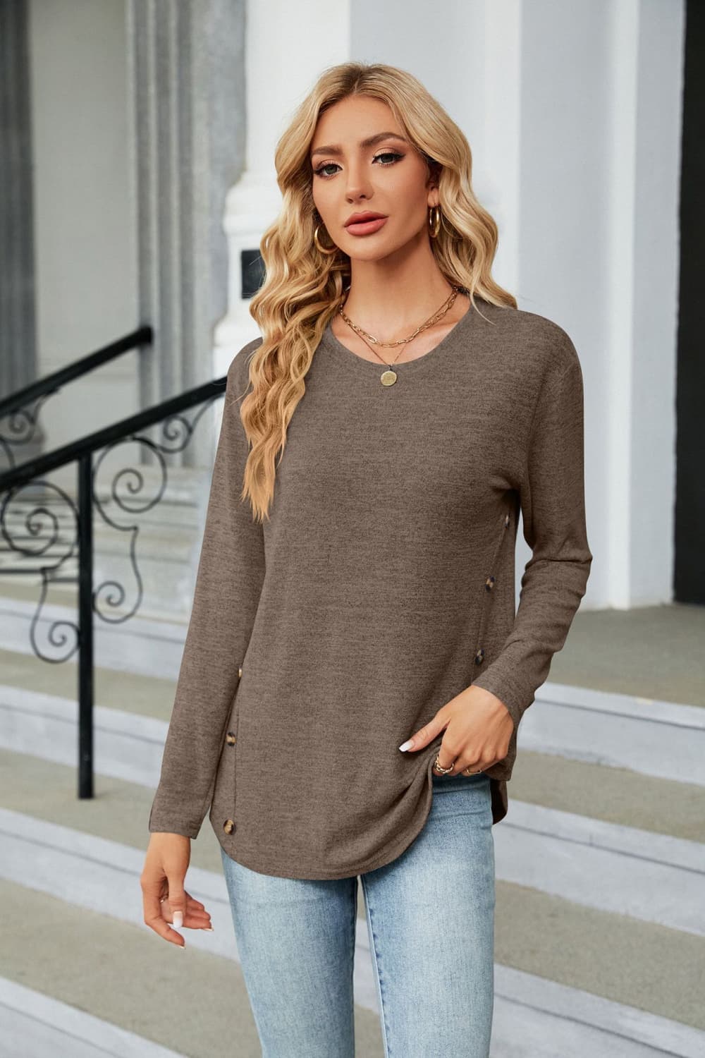 Round Neck Long Sleeve T-Shirt BLUE ZONE PLANET