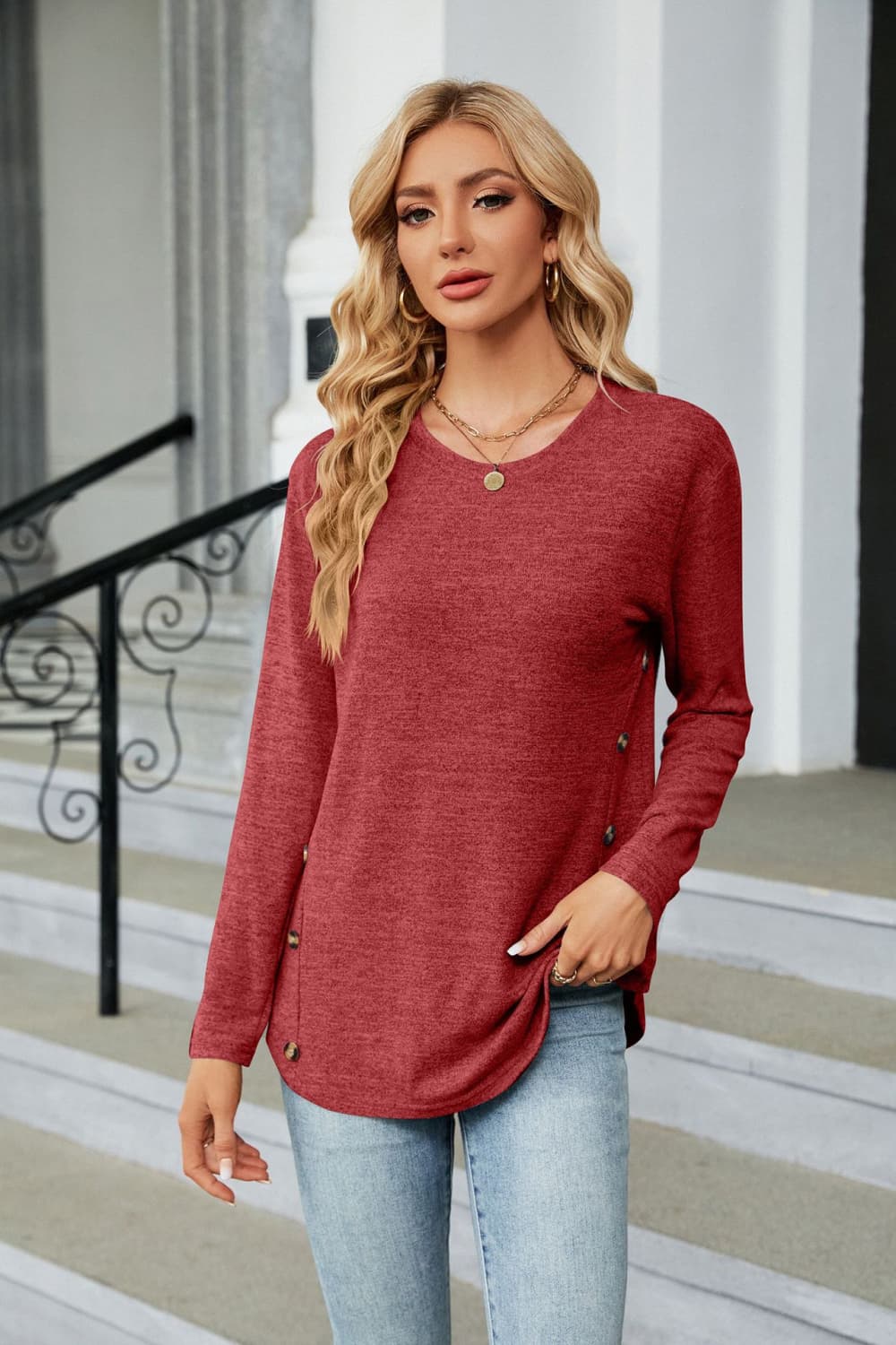 Round Neck Long Sleeve T-Shirt BLUE ZONE PLANET