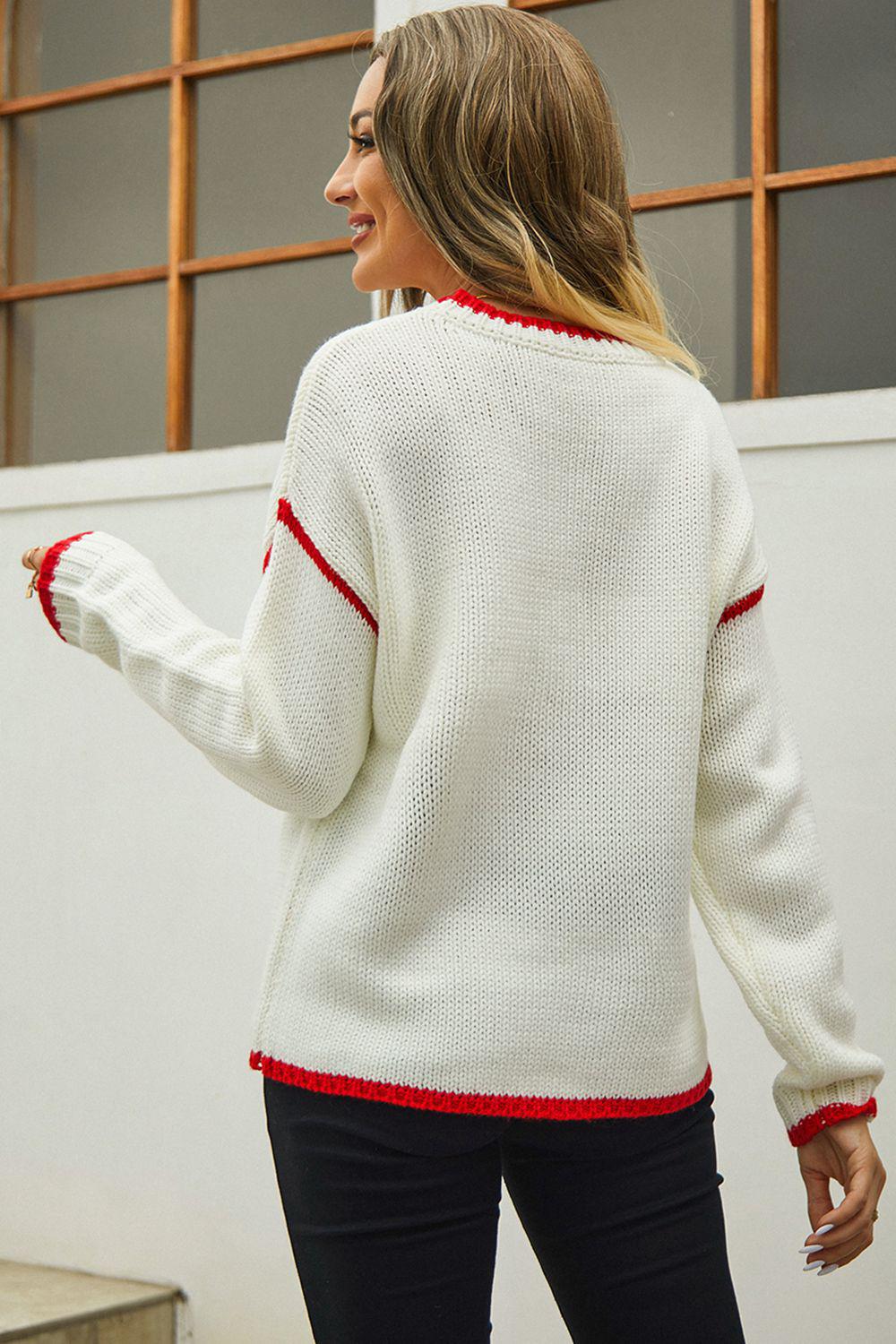 Round Neck Long Sleeve Waffle-Knit Sweater BLUE ZONE PLANET