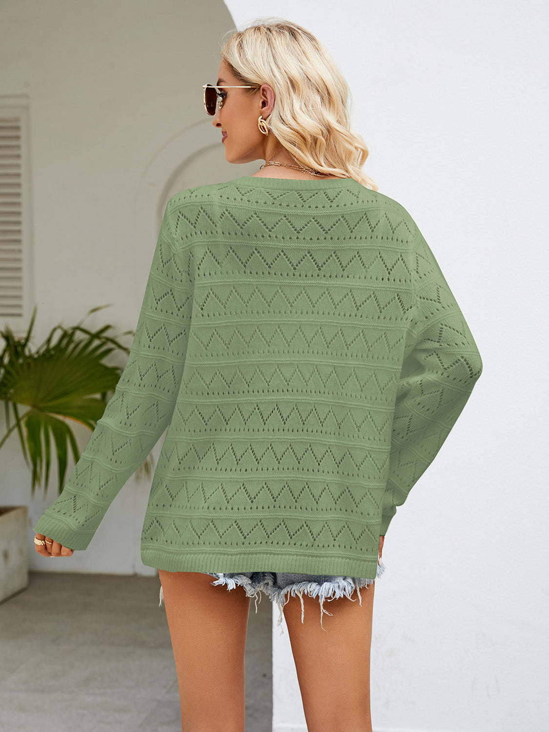 Round Neck Openwork Long Sleeve Knit Top BLUE ZONE PLANET