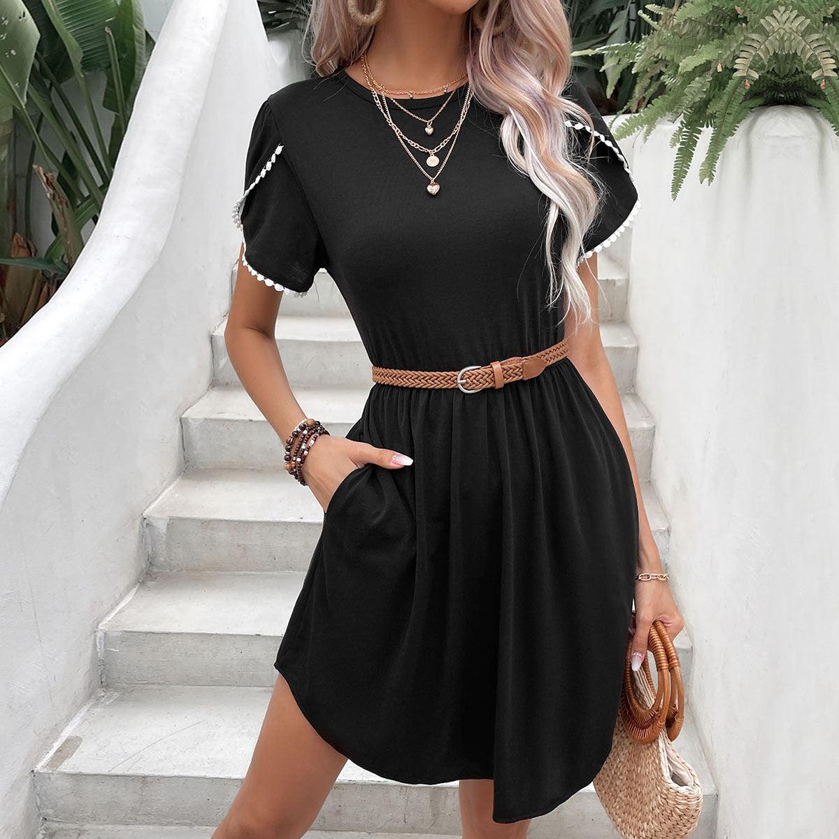 Round Neck Petal Sleeve Dress with Pockets BLUE ZONE PLANET