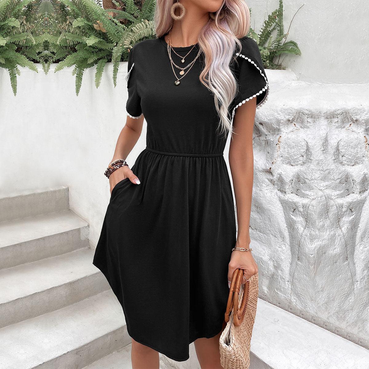 Round Neck Petal Sleeve Dress with Pockets BLUE ZONE PLANET
