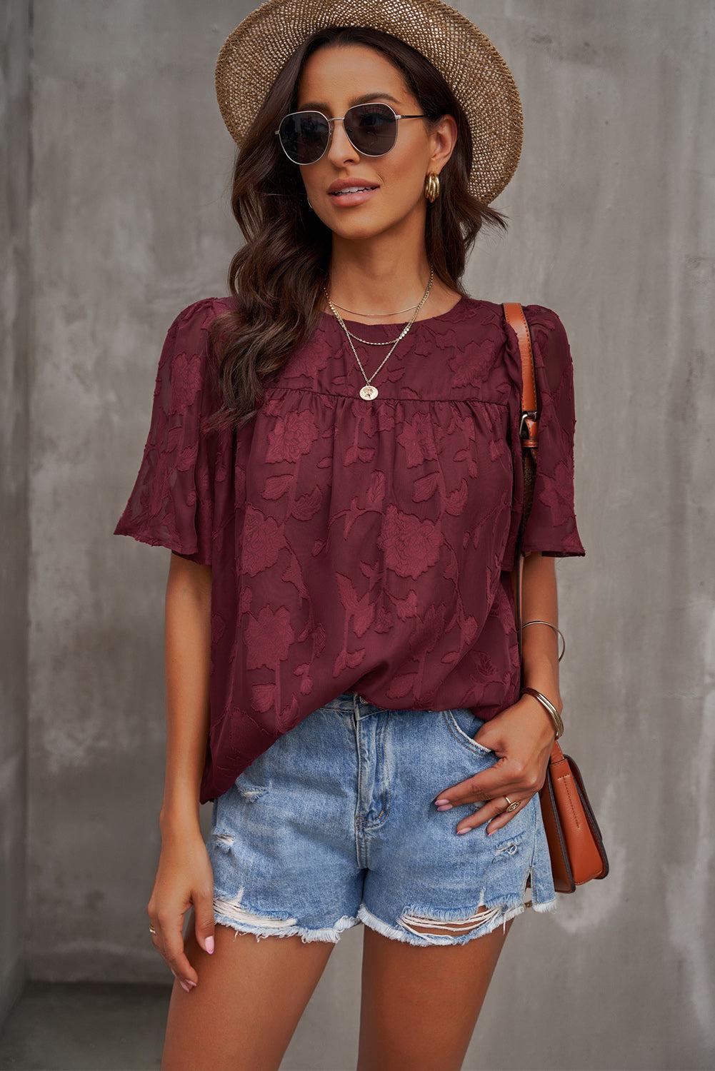 Round Neck Puff Sleeve Blouse BLUE ZONE PLANET