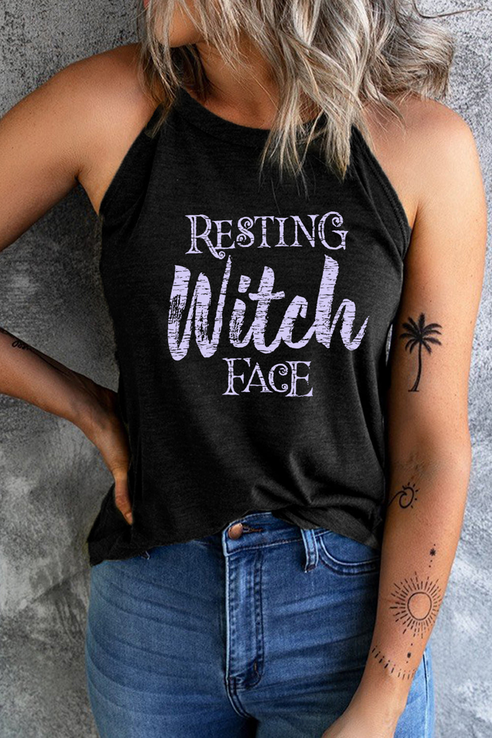 Round Neck RESTING WITCH FACE Graphic Tank Top BLUE ZONE PLANET