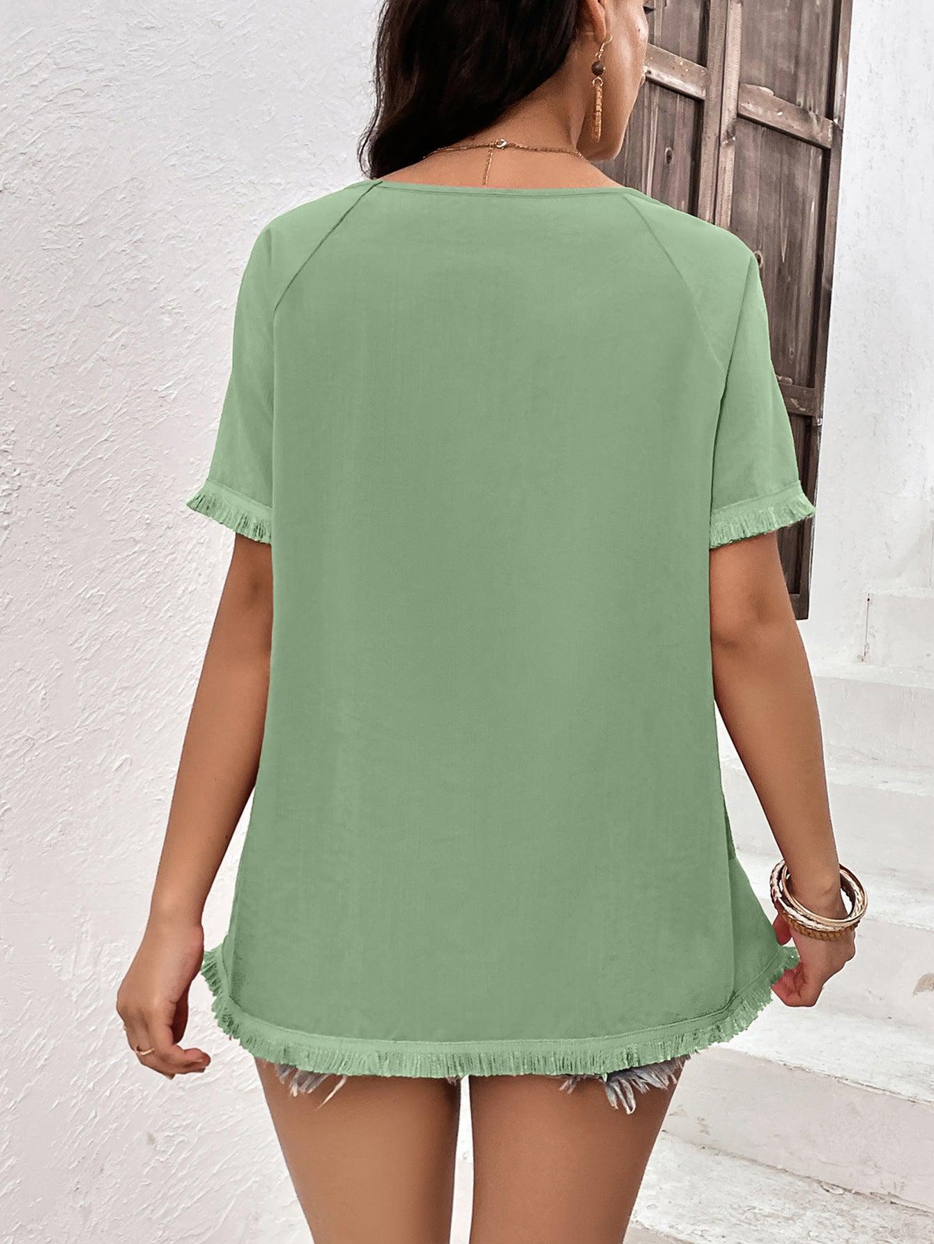 Round Neck Raglan Sleeve Fringe Detail Top BLUE ZONE PLANET