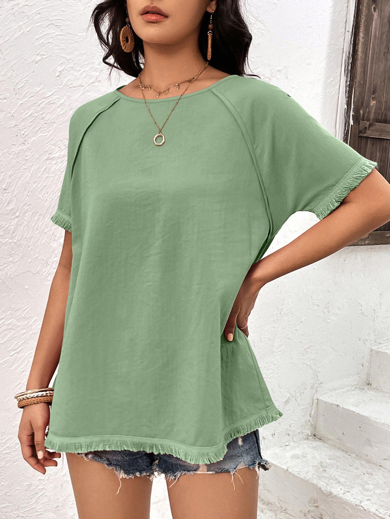 Round Neck Raglan Sleeve Fringe Detail Top BLUE ZONE PLANET