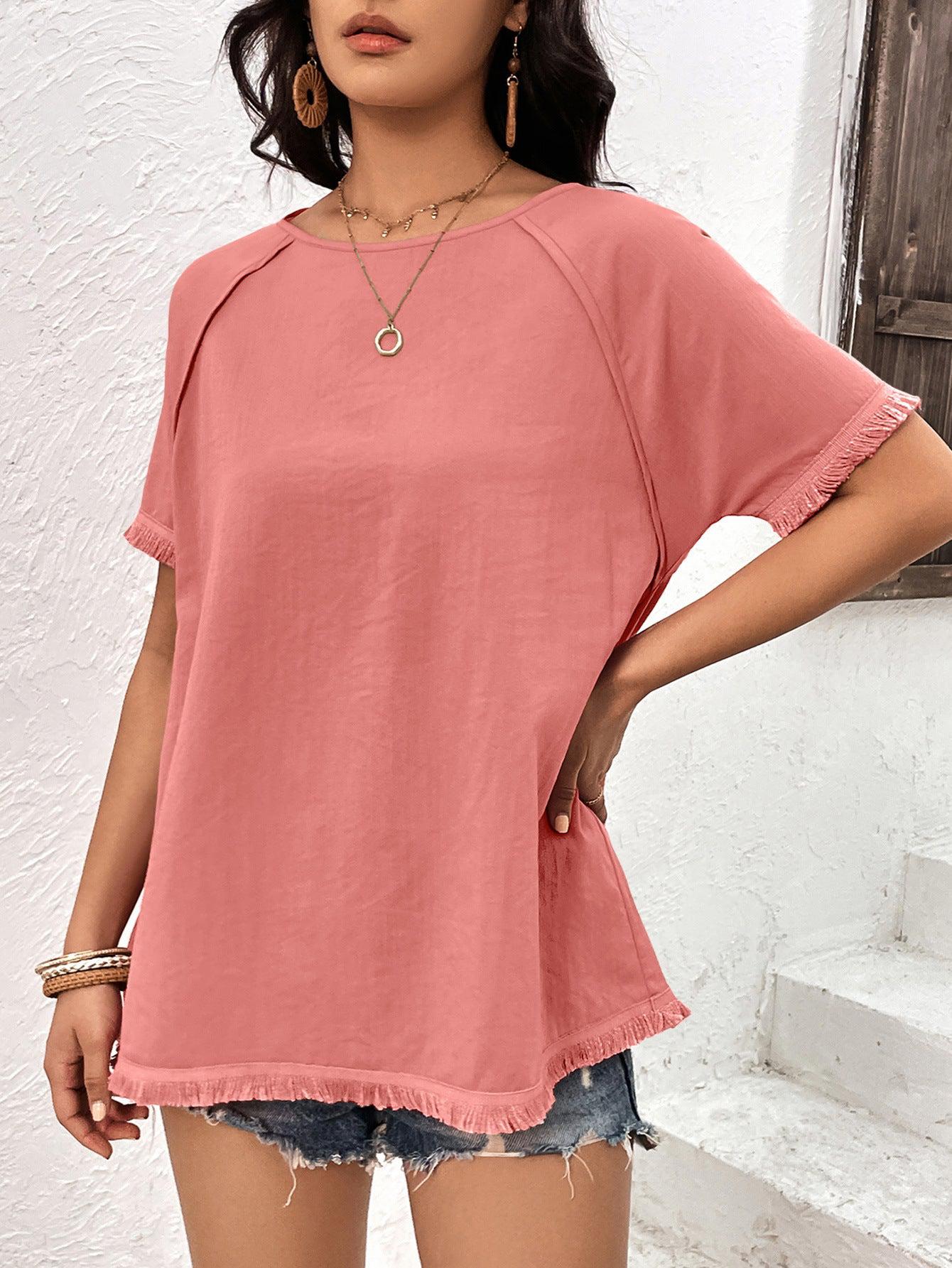 Round Neck Raglan Sleeve Fringe Detail Top BLUE ZONE PLANET