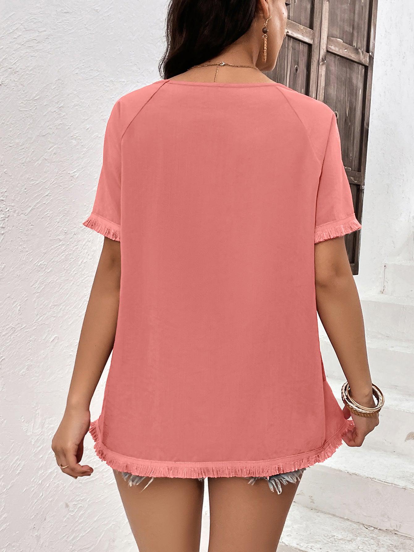 Round Neck Raglan Sleeve Fringe Detail Top BLUE ZONE PLANET