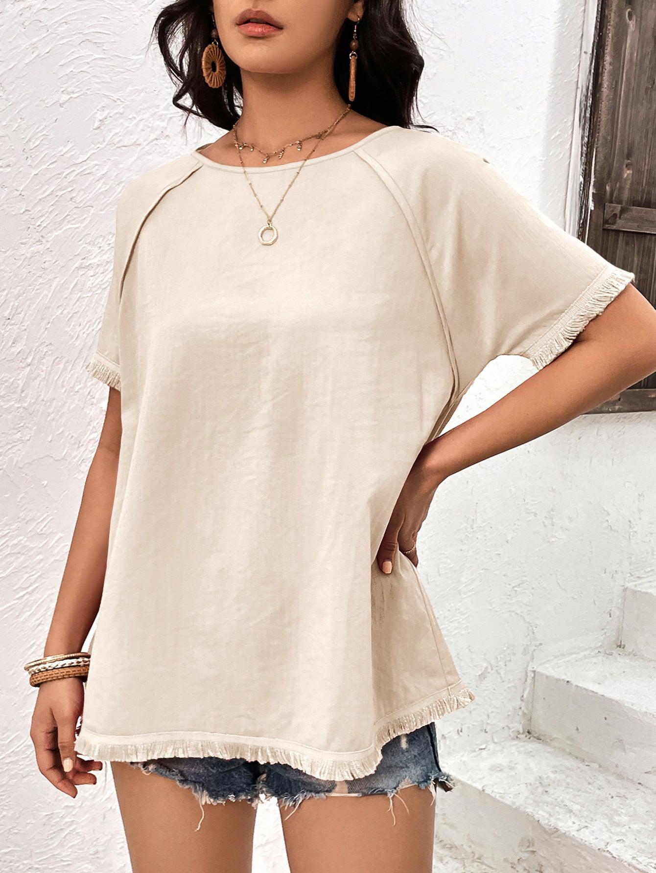 Round Neck Raglan Sleeve Fringe Detail Top BLUE ZONE PLANET