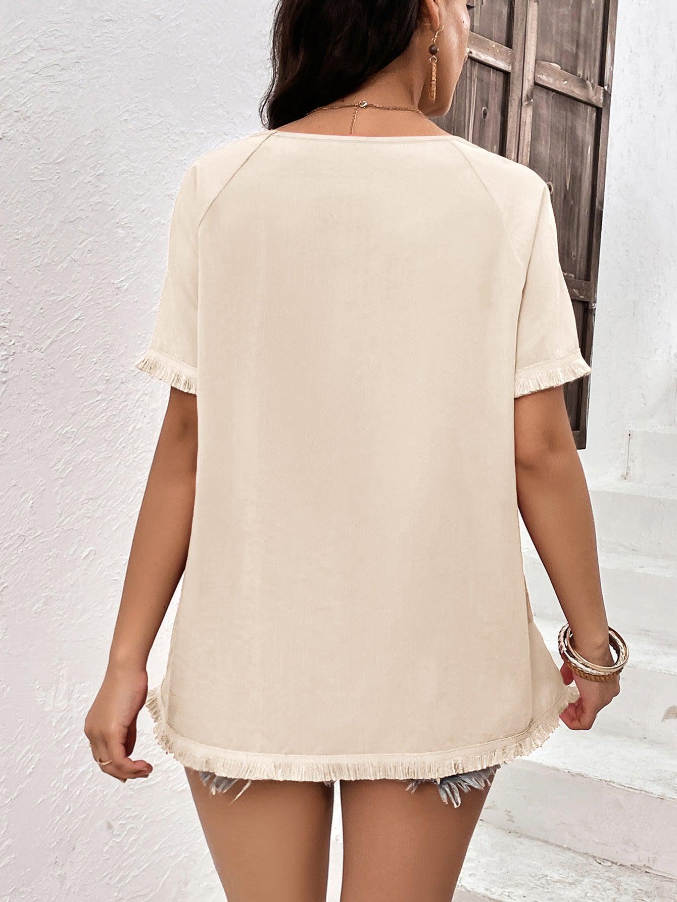 Round Neck Raglan Sleeve Fringe Detail Top BLUE ZONE PLANET