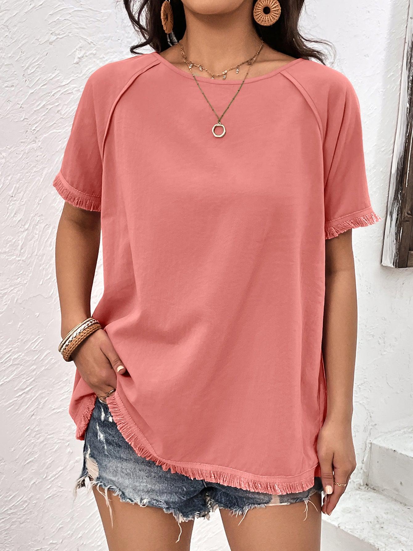 Round Neck Raglan Sleeve Fringe Detail Top BLUE ZONE PLANET