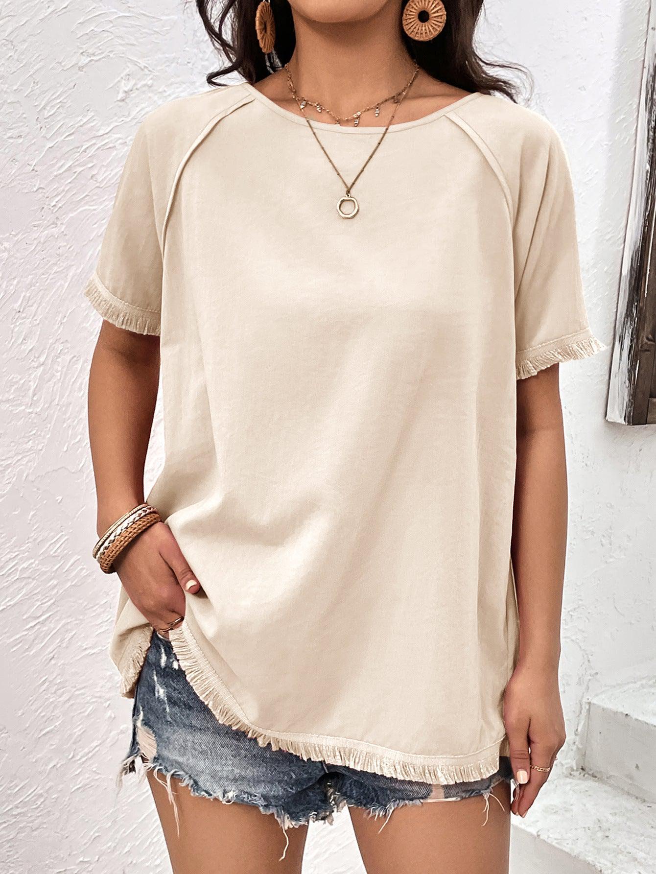 Round Neck Raglan Sleeve Fringe Detail Top BLUE ZONE PLANET
