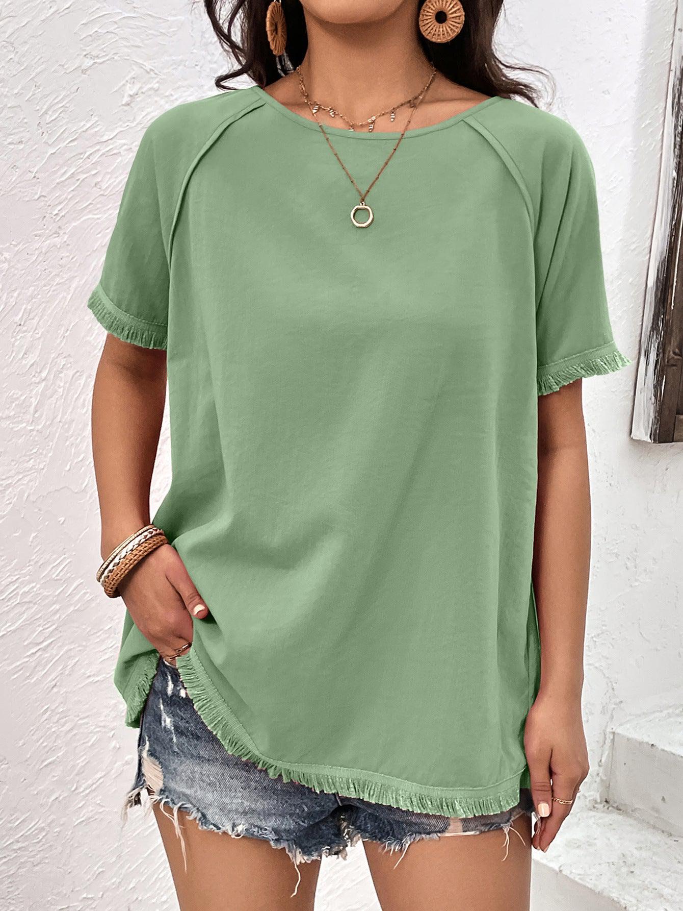 Round Neck Raglan Sleeve Fringe Detail Top BLUE ZONE PLANET