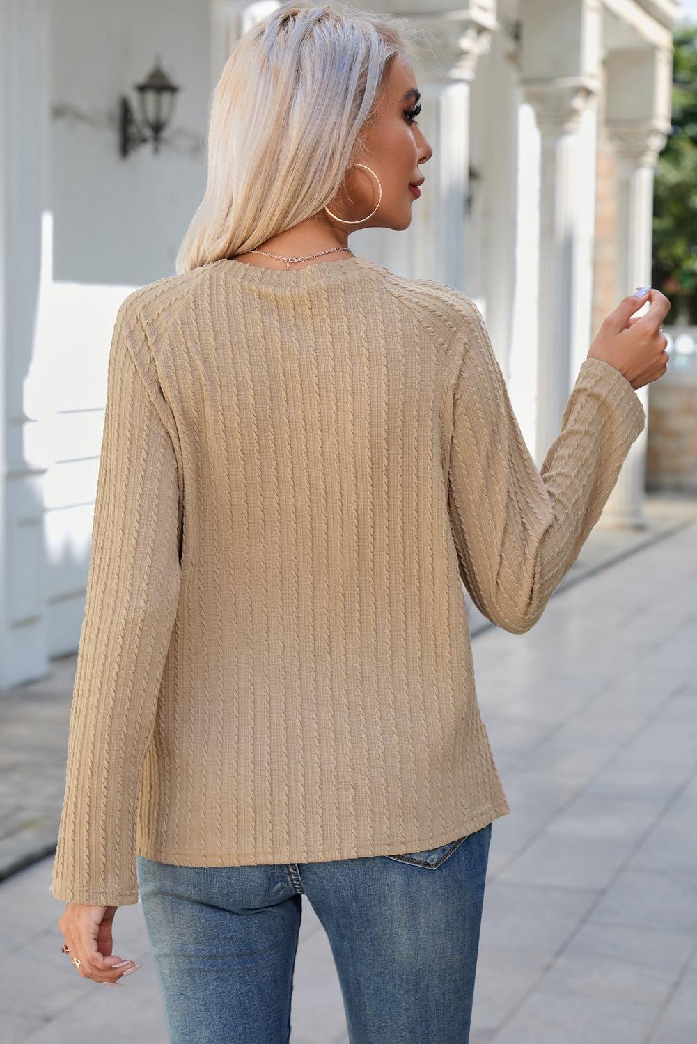 Round Neck Raglan Sleeve Ribbed Blouse BLUE ZONE PLANET