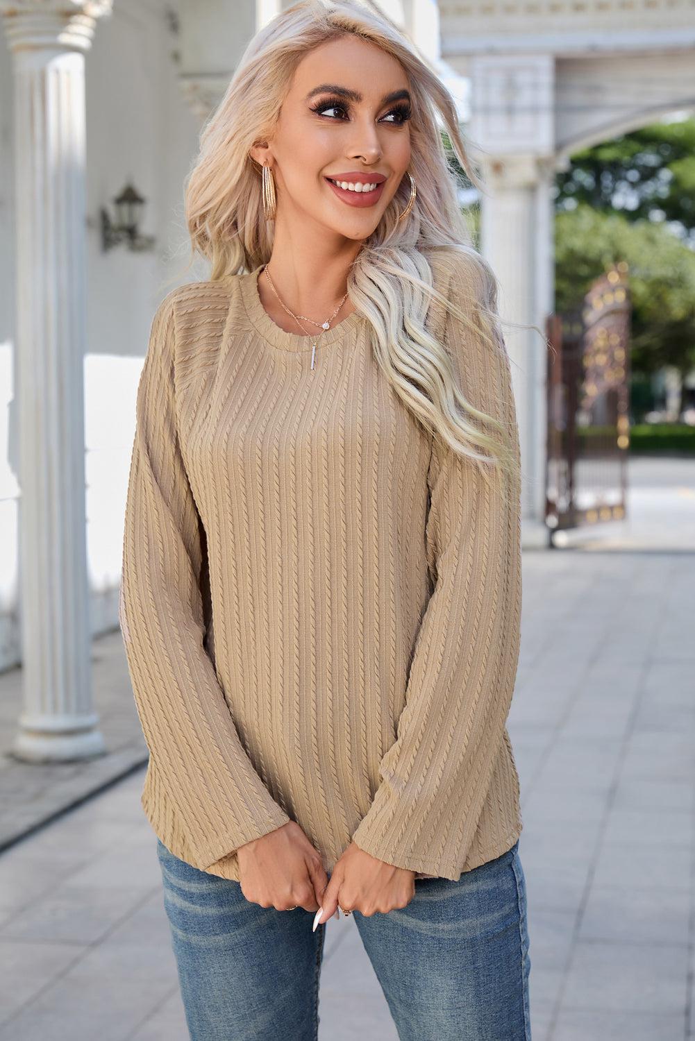 Round Neck Raglan Sleeve Ribbed Blouse BLUE ZONE PLANET
