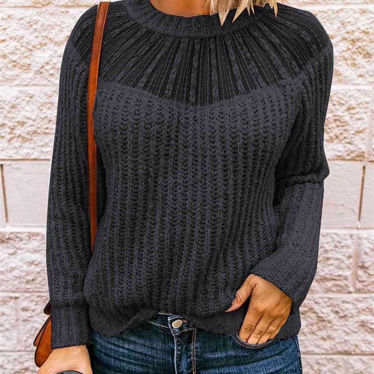 Round Neck Rib-Knit Sweater BLUE ZONE PLANET