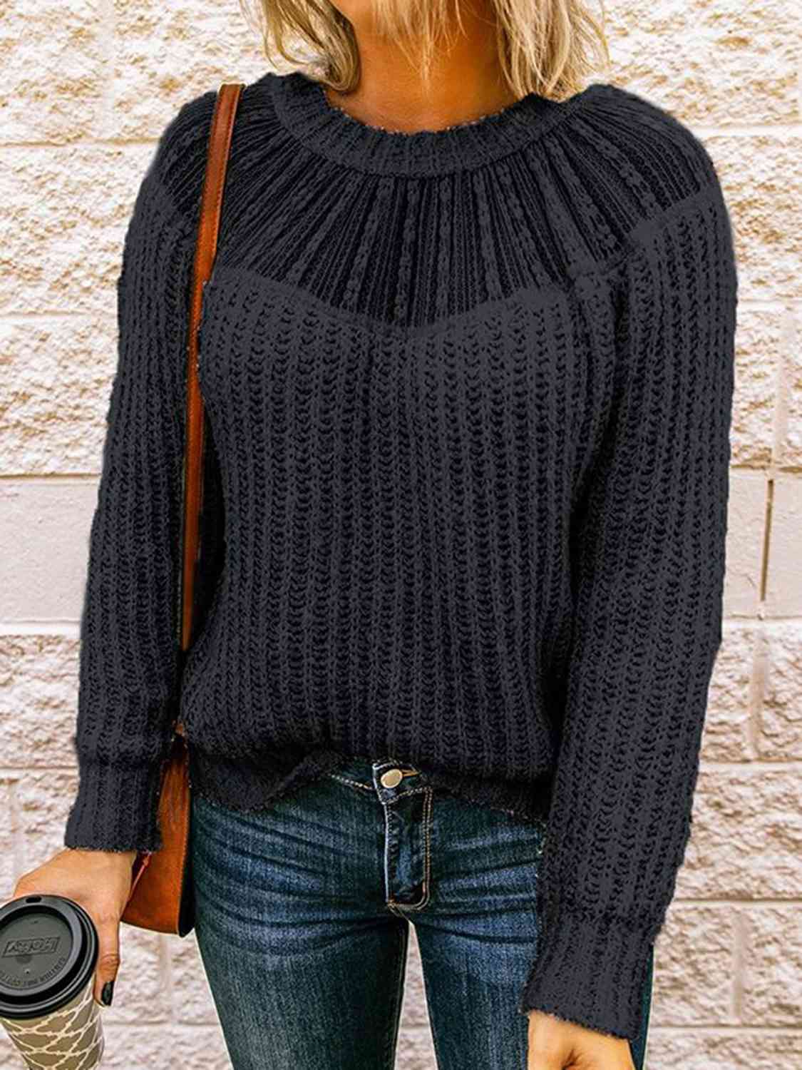 Round Neck Rib-Knit Sweater BLUE ZONE PLANET