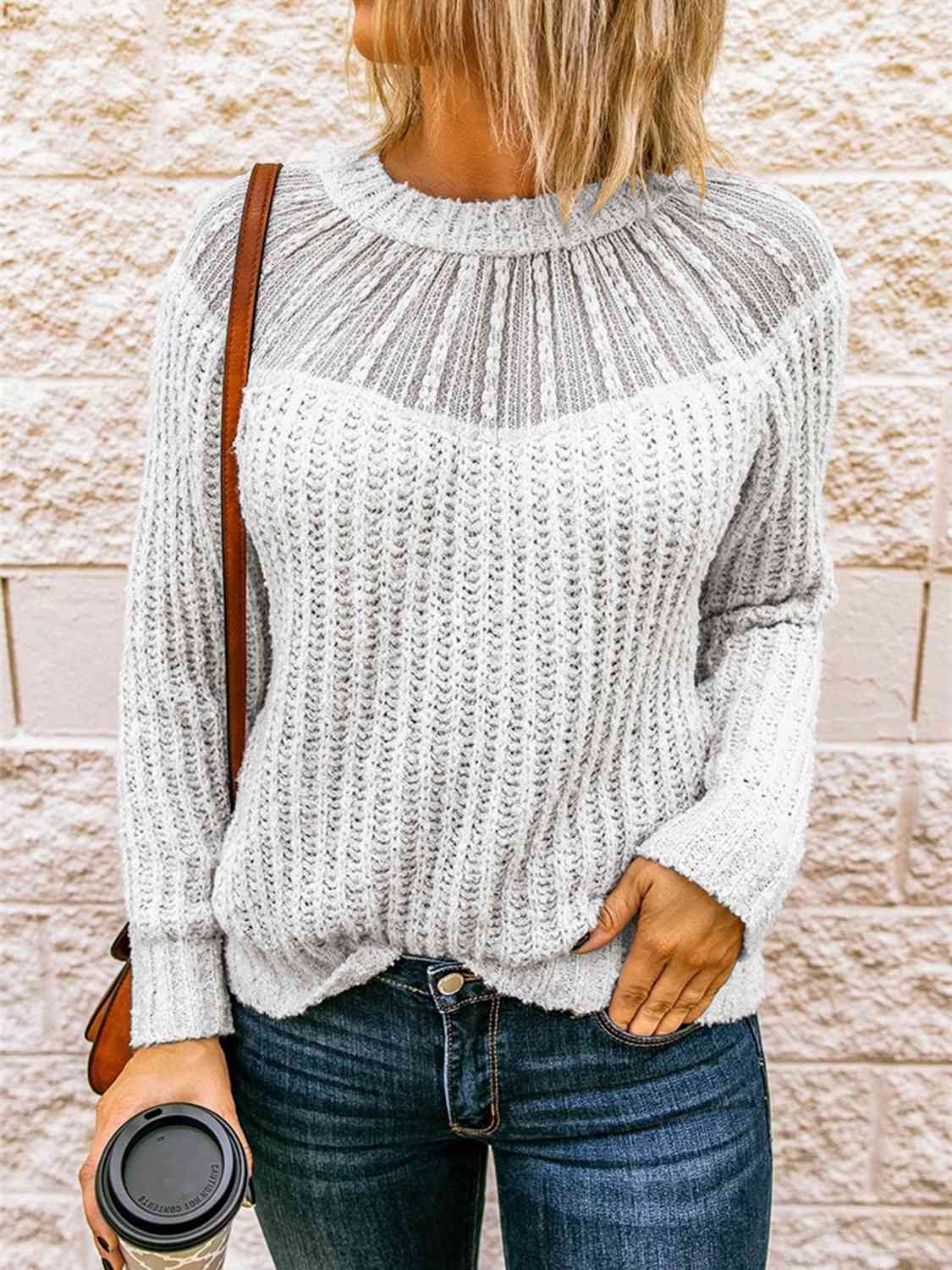 Round Neck Rib-Knit Sweater BLUE ZONE PLANET