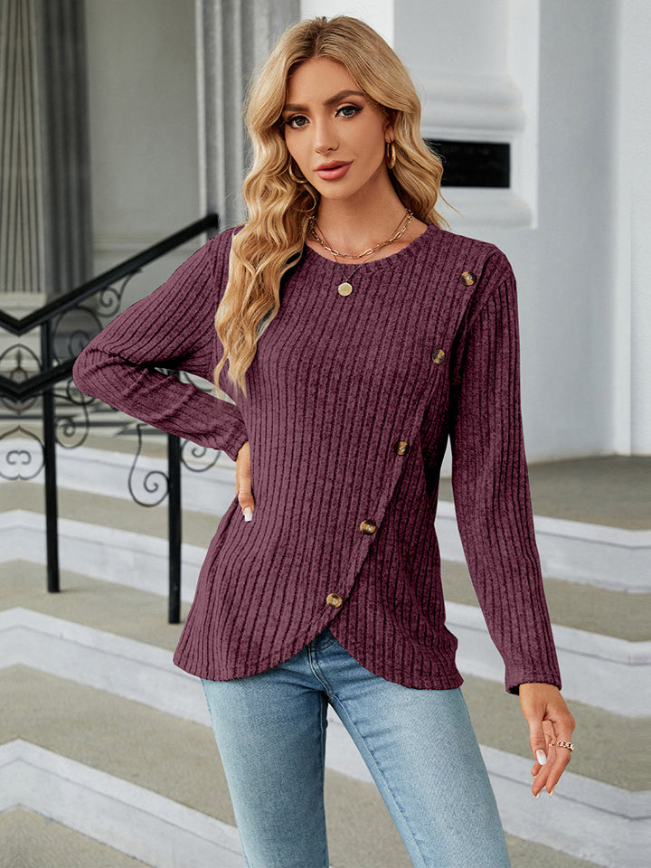 Round Neck Ribbed Button Detail Blouse BLUE ZONE PLANET