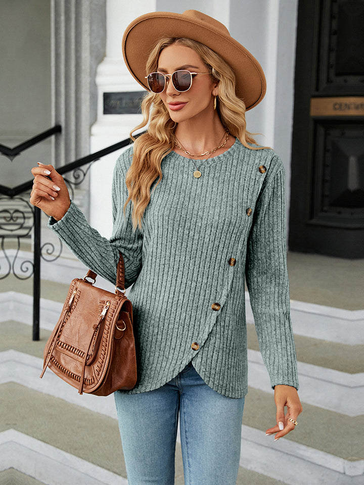 Round Neck Ribbed Button Detail Blouse BLUE ZONE PLANET