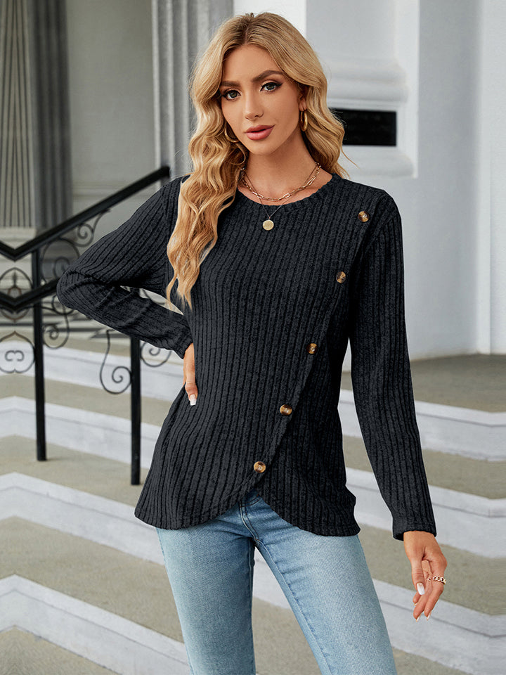 Round Neck Ribbed Button Detail Blouse BLUE ZONE PLANET