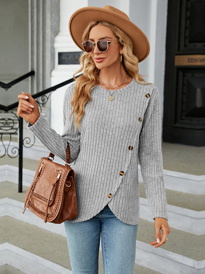 Round Neck Ribbed Button Detail Blouse BLUE ZONE PLANET