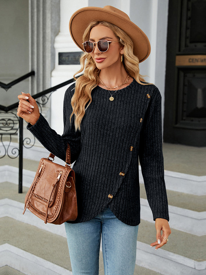 Round Neck Ribbed Button Detail Blouse BLUE ZONE PLANET