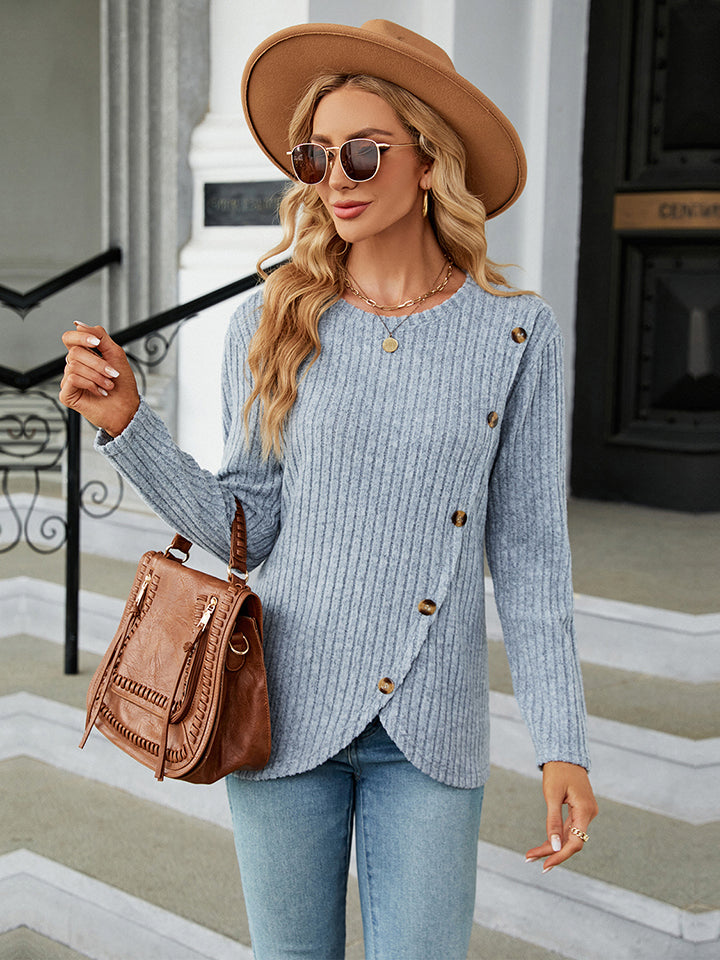 Round Neck Ribbed Button Detail Blouse BLUE ZONE PLANET