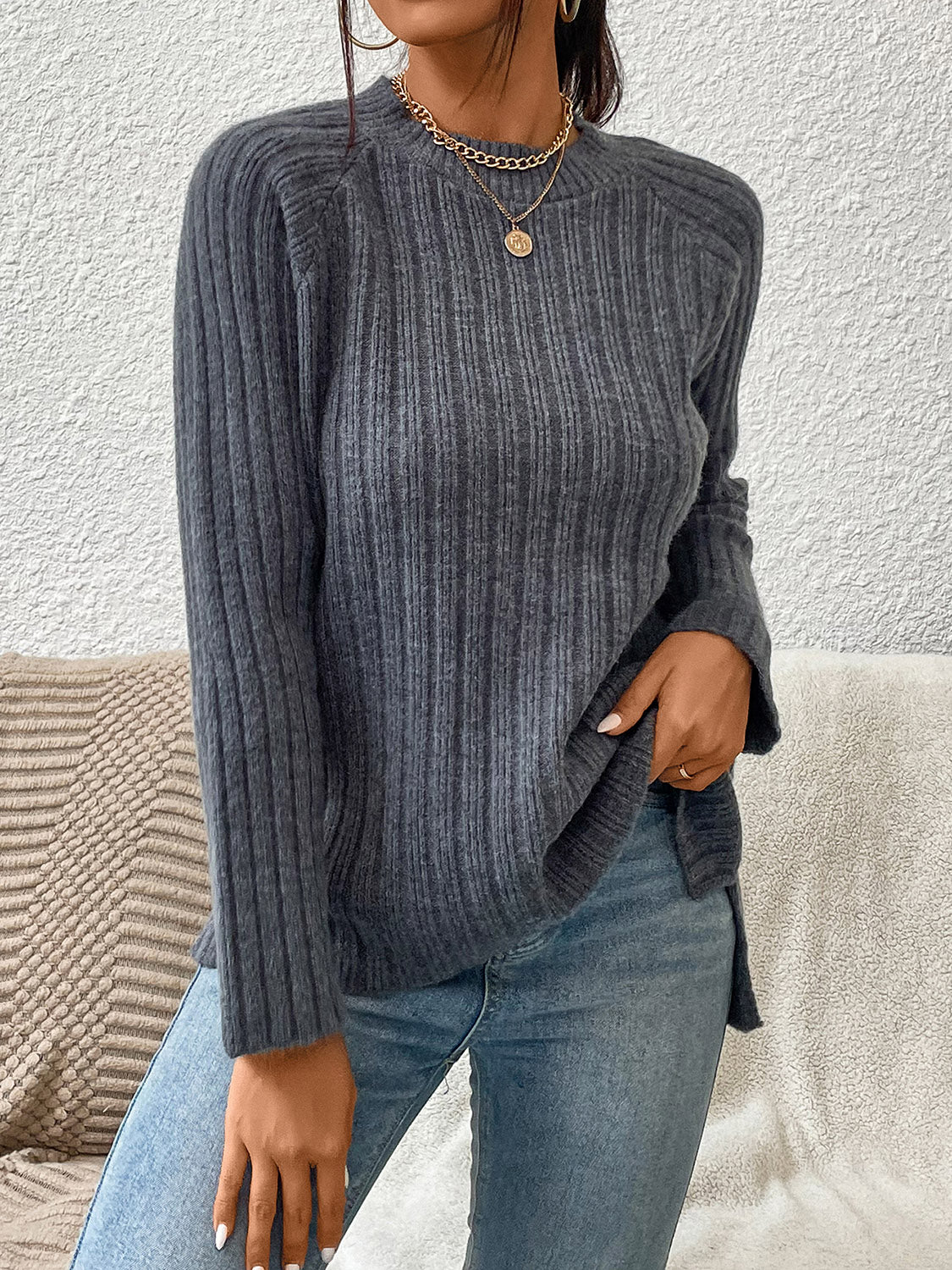 Round Neck Ribbed Raglan Sleeve Sweater BLUE ZONE PLANET