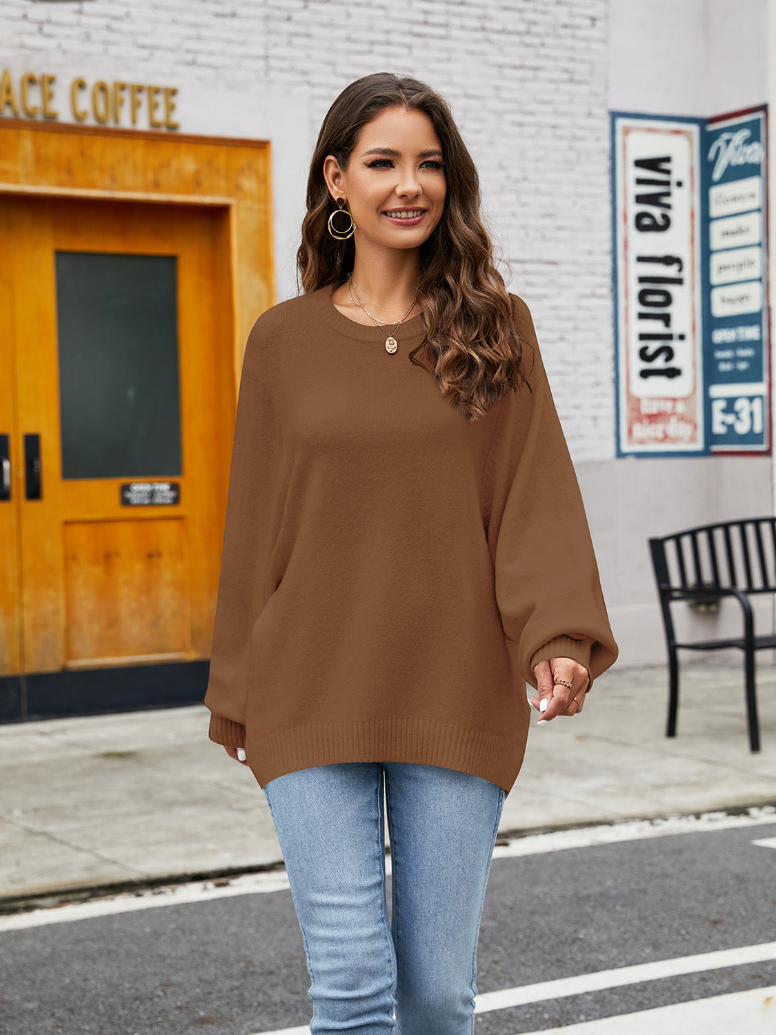 Round Neck Ribbed Trim Sweater BLUE ZONE PLANET