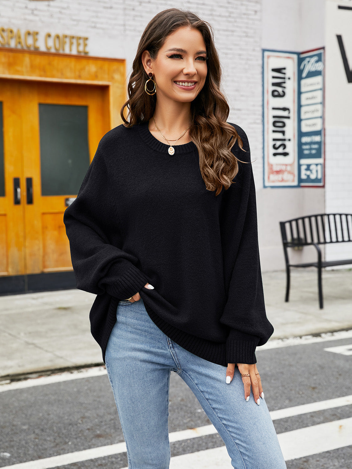 Round Neck Ribbed Trim Sweater BLUE ZONE PLANET