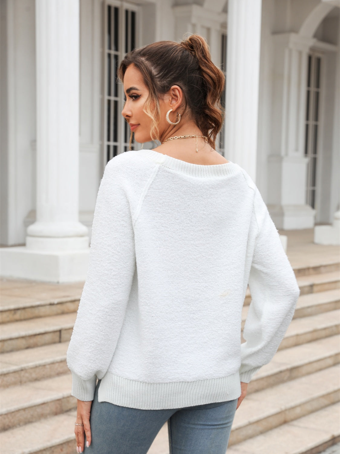 Round Neck Ribbed Trim Sweater BLUE ZONE PLANET