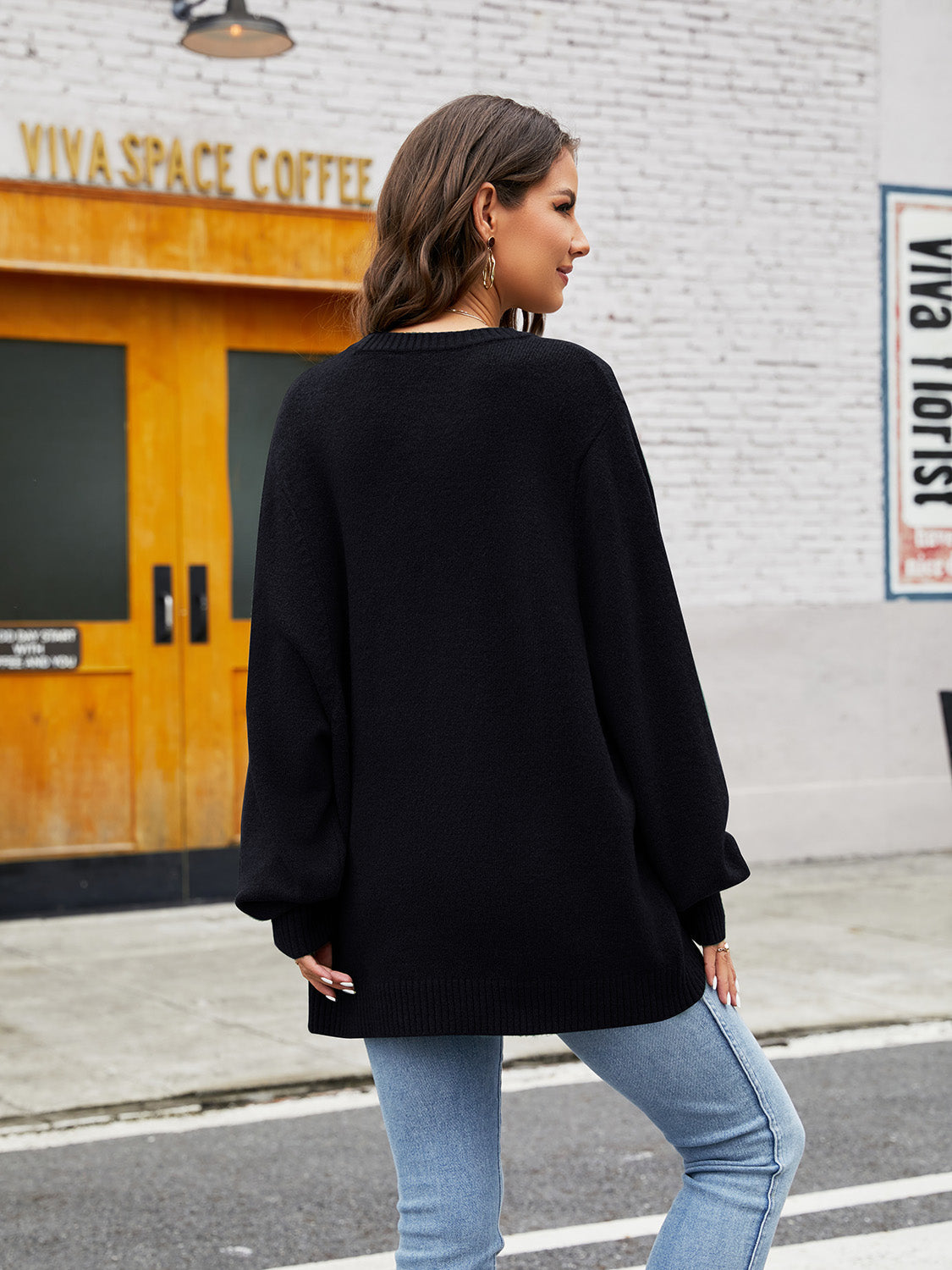 Round Neck Ribbed Trim Sweater BLUE ZONE PLANET