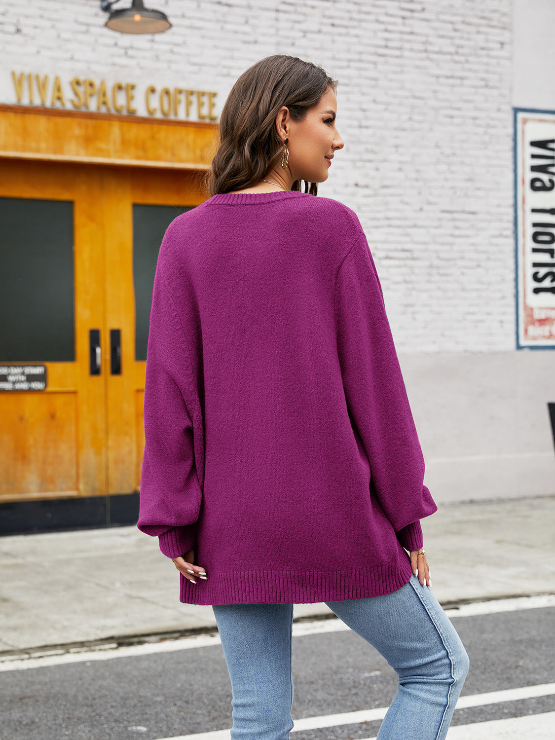 Round Neck Ribbed Trim Sweater BLUE ZONE PLANET