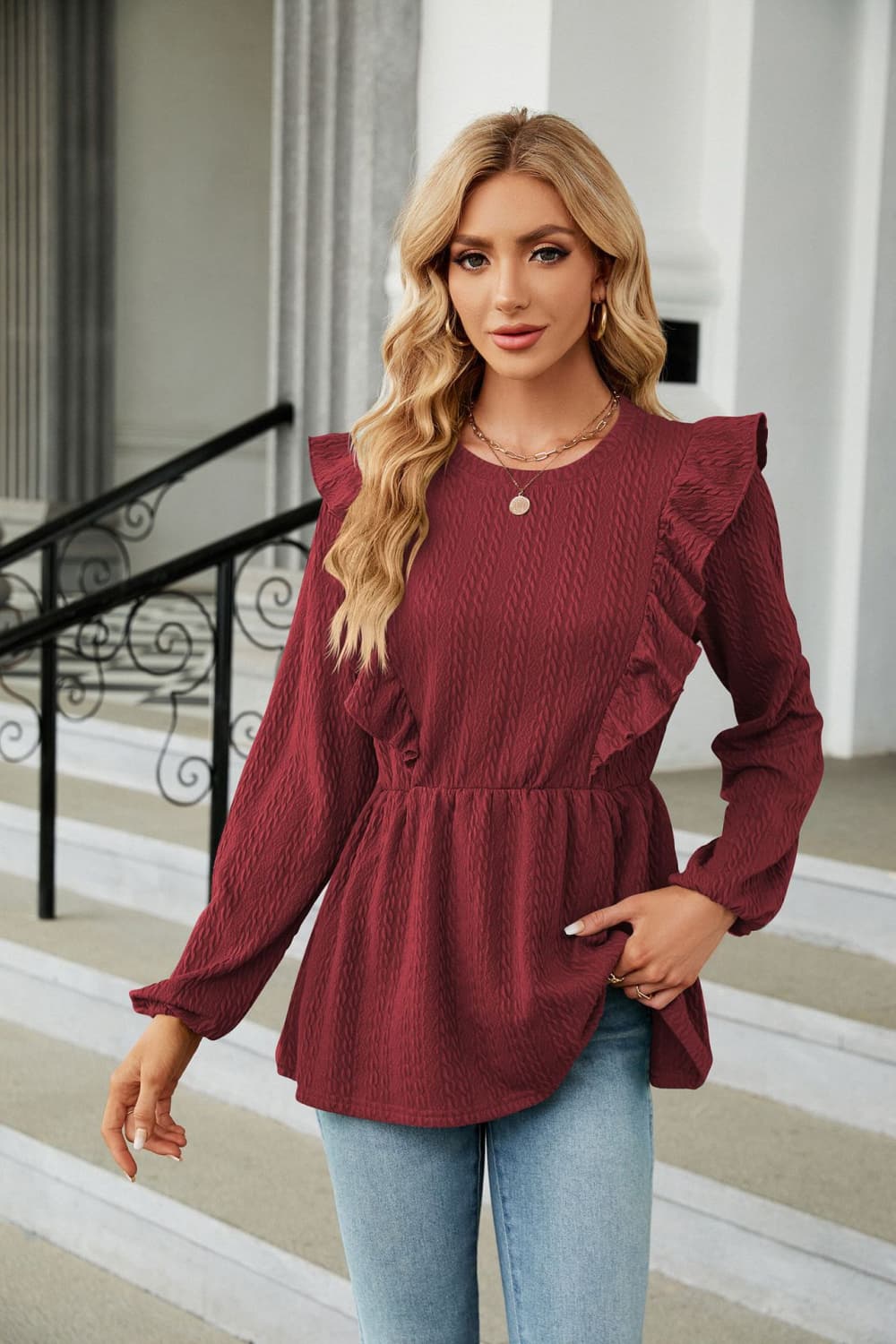 Round Neck Ruffled Peplum Blouse BLUE ZONE PLANET