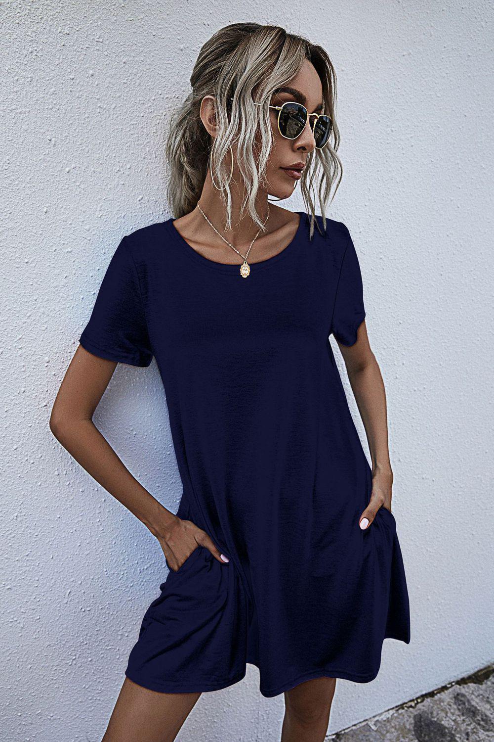 Round Neck Short Sleeve Mini Dress BLUE ZONE PLANET