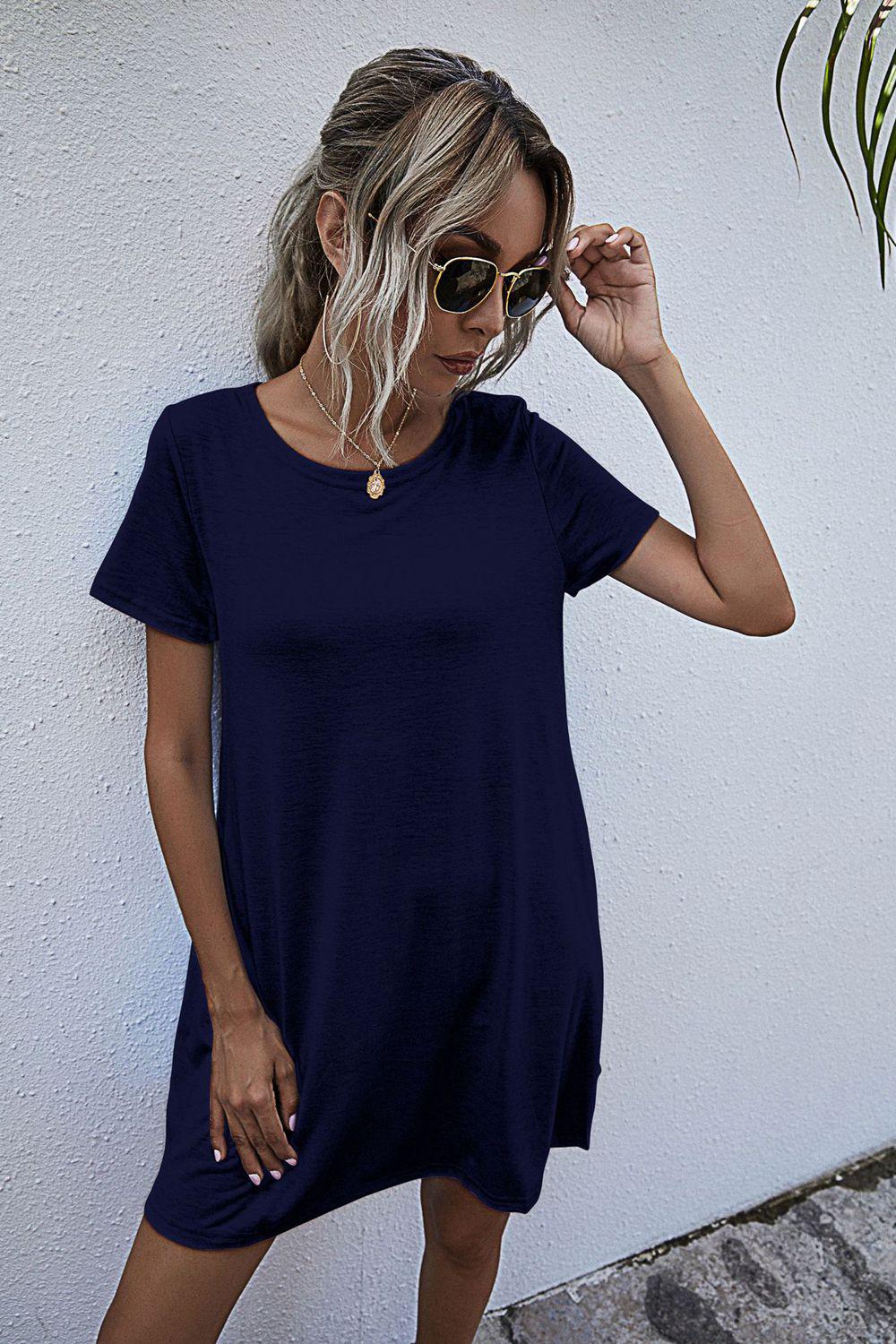 Round Neck Short Sleeve Mini Dress BLUE ZONE PLANET