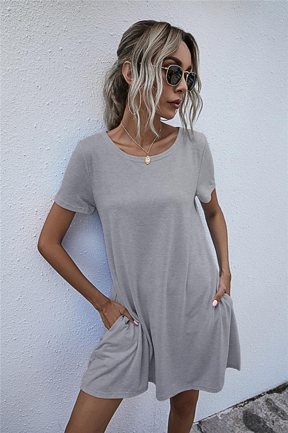 Round Neck Short Sleeve Mini Dress BLUE ZONE PLANET