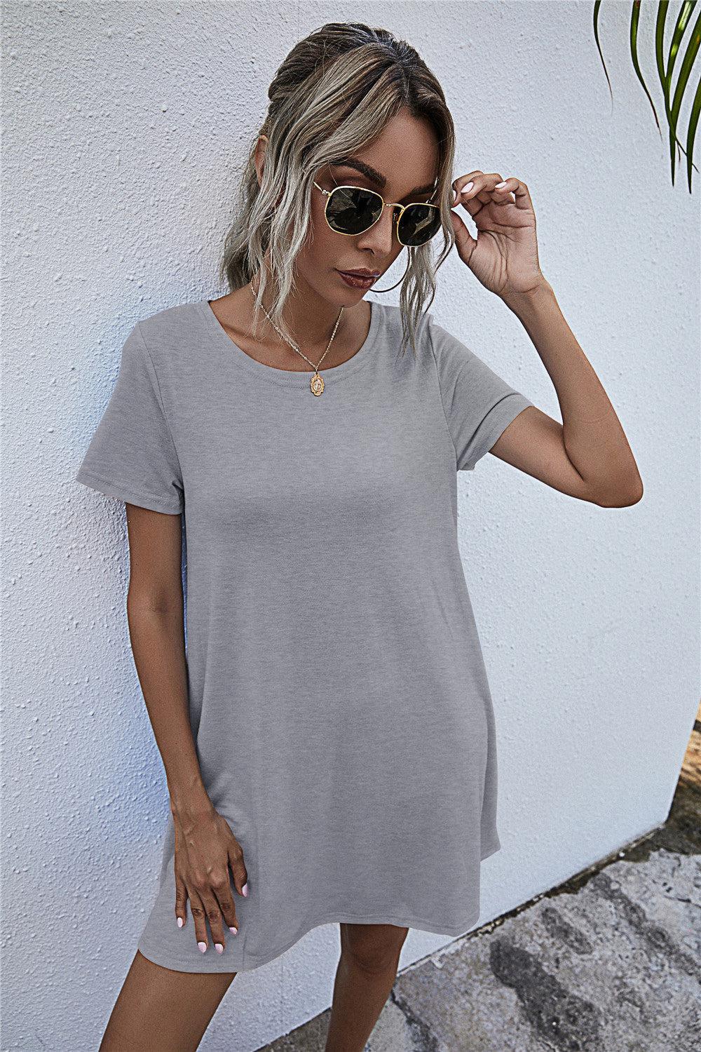Round Neck Short Sleeve Mini Dress BLUE ZONE PLANET