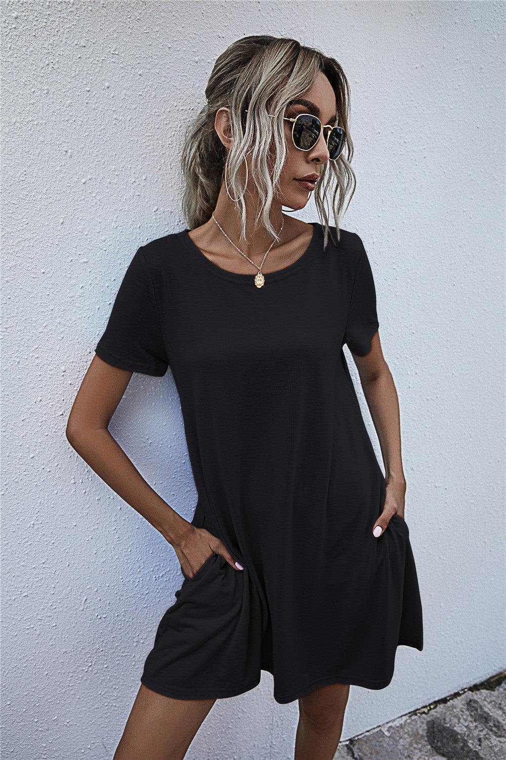 Round Neck Short Sleeve Mini Dress BLUE ZONE PLANET